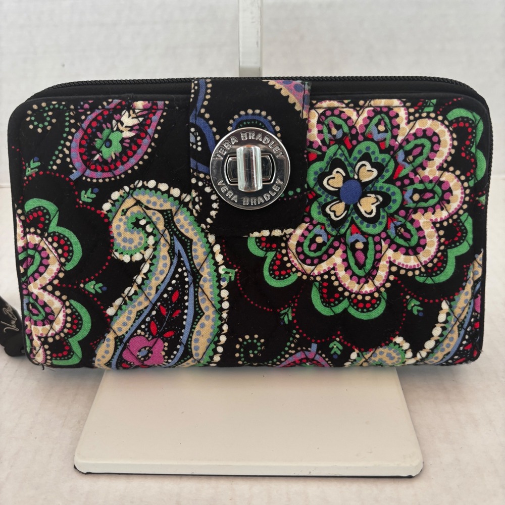 Vera Bradley Turnlock Wallet Womens Canterbury Black Paisley Floral Zip Around